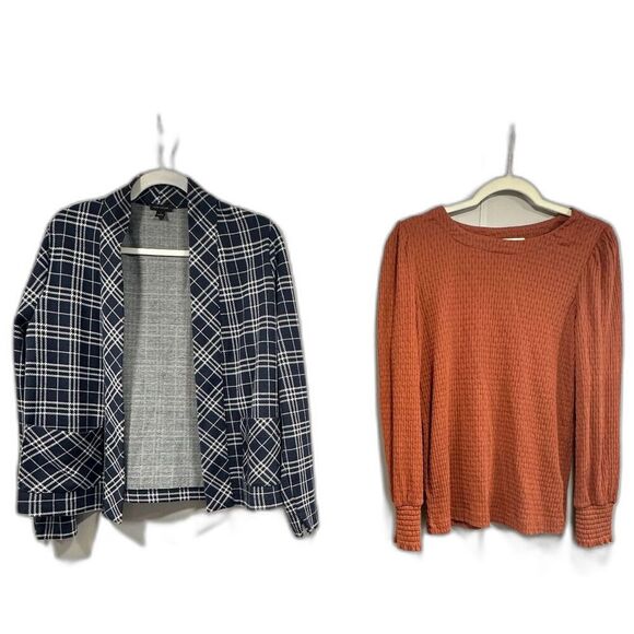 Ann Taylor & Loft Bundle - Navy Plaid Blazer & Burnt Orange Waffle Knit Top - SM - Picture 1 of 8